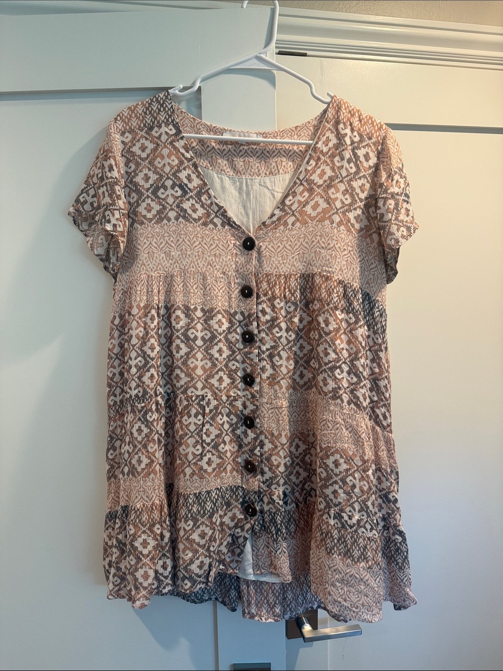Olivaceous Blush and Cream Button-Front Peasant Blouse